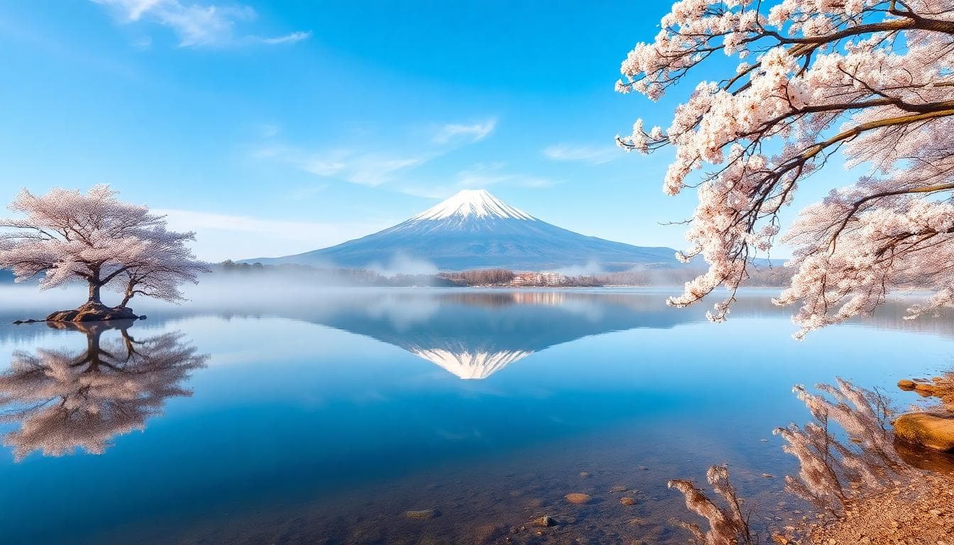 Mount Fuji reflected on Lake Kawaguchi during early morning light