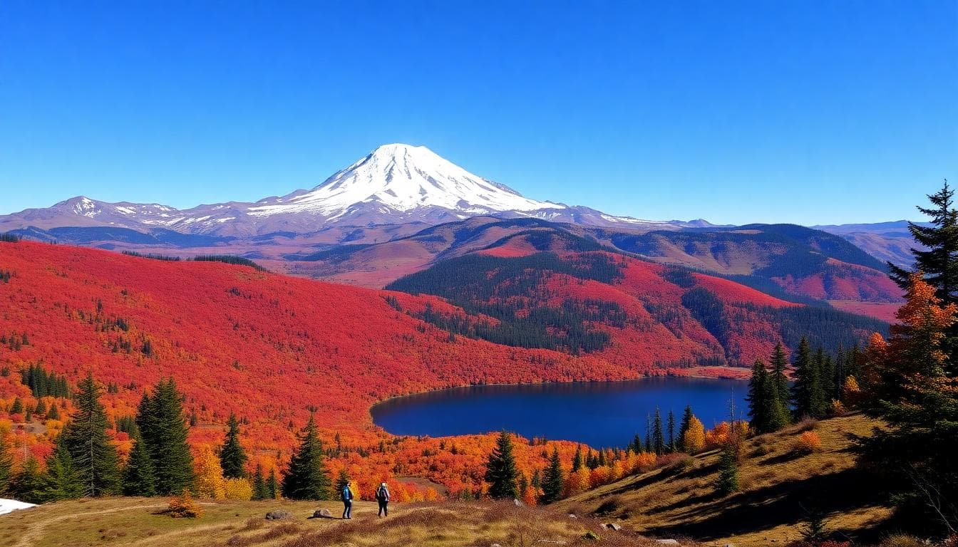 Mount Hood autumn foliage with hikers near a lake