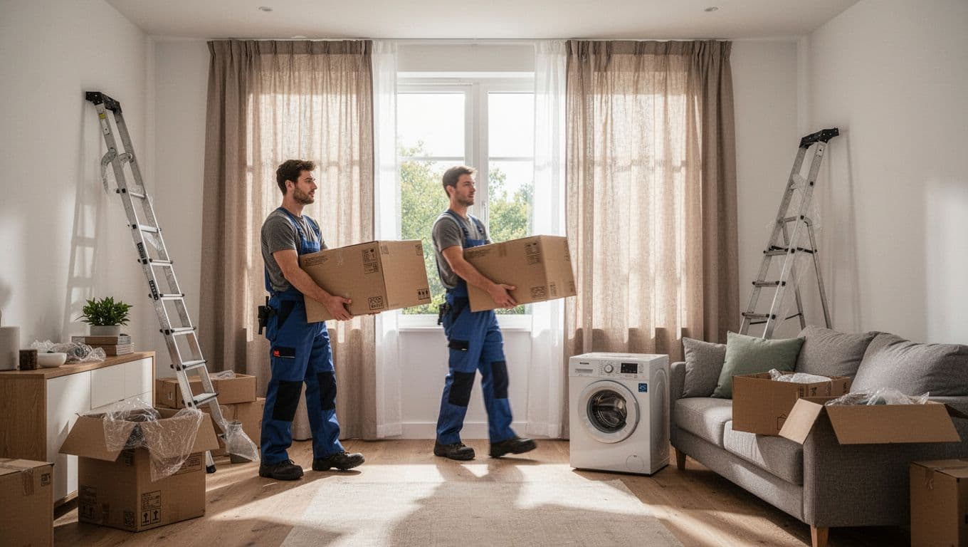 Realistic scene of a mover carrying a furniture box past curtained windows in a bright new apartment living room with natural daylight and organized chaos.