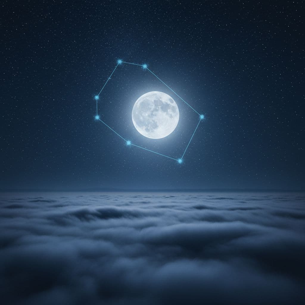 夜晚的深藍天空，一輪皎潔的滿月懸掛其中，周圍隱約浮現天蠍座的星座圖案，散發出神秘而強烈的氛圍，前景有朦朧的霧氣環繞，背景是寧靜的星空