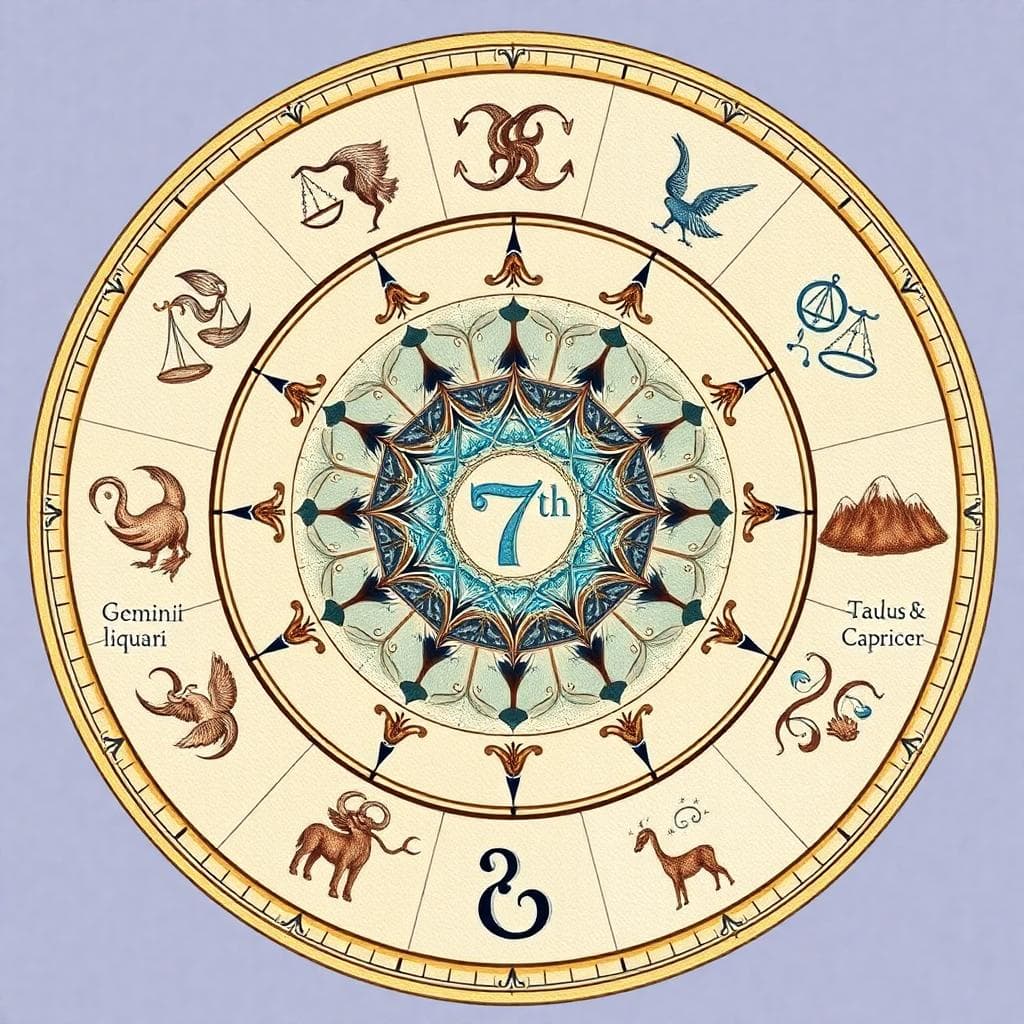 七宮與風象星座互動的象徵圖，展示雙子、天秤、水瓶在七宮的平衡與溝通動力，Image generated by AI