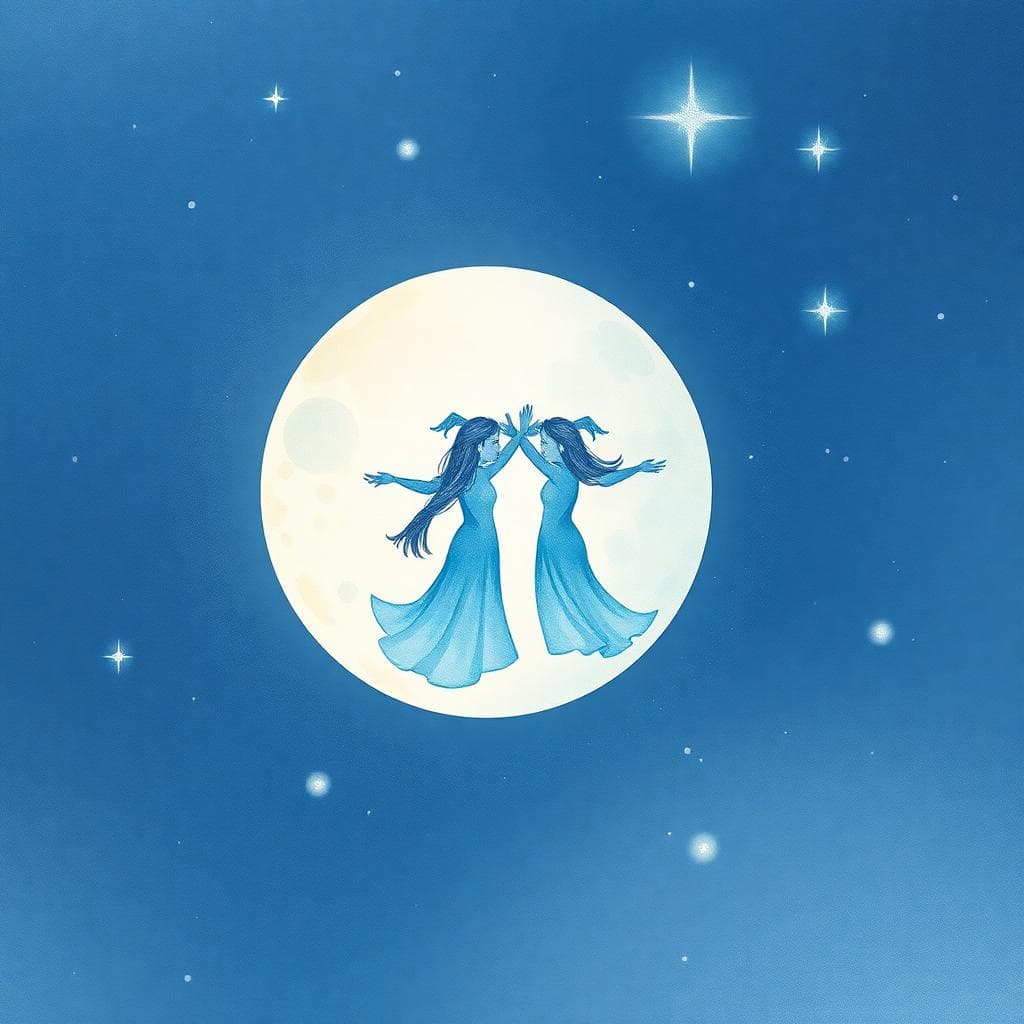 AI 生成圖像：月亮雙子座壓力訊號的象徵性畫像，星空背景下呈現情緒與溝通的綜合信號