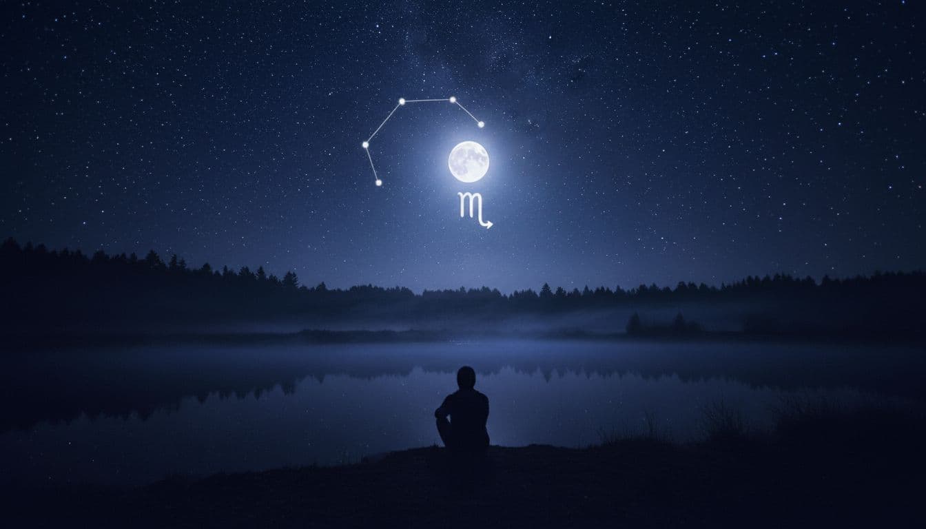 A mystical night scene with a full moon aligned to Scorpio constellation, deep blues and purples evoking intense emotions, a contemplative silhouette by deep water