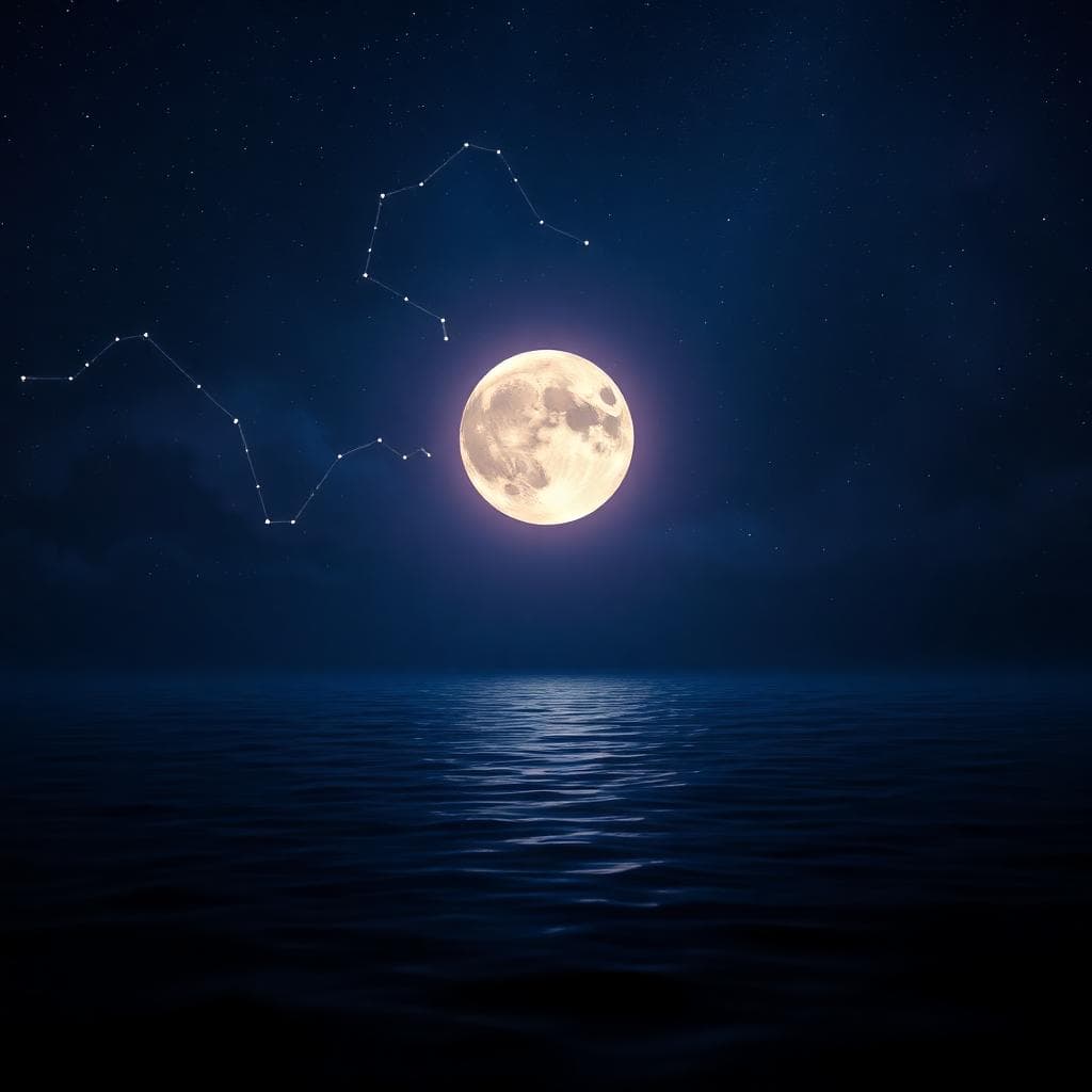 A mystical night sky with a glowing full moon in the Scorpio constellation, reflected on dark water