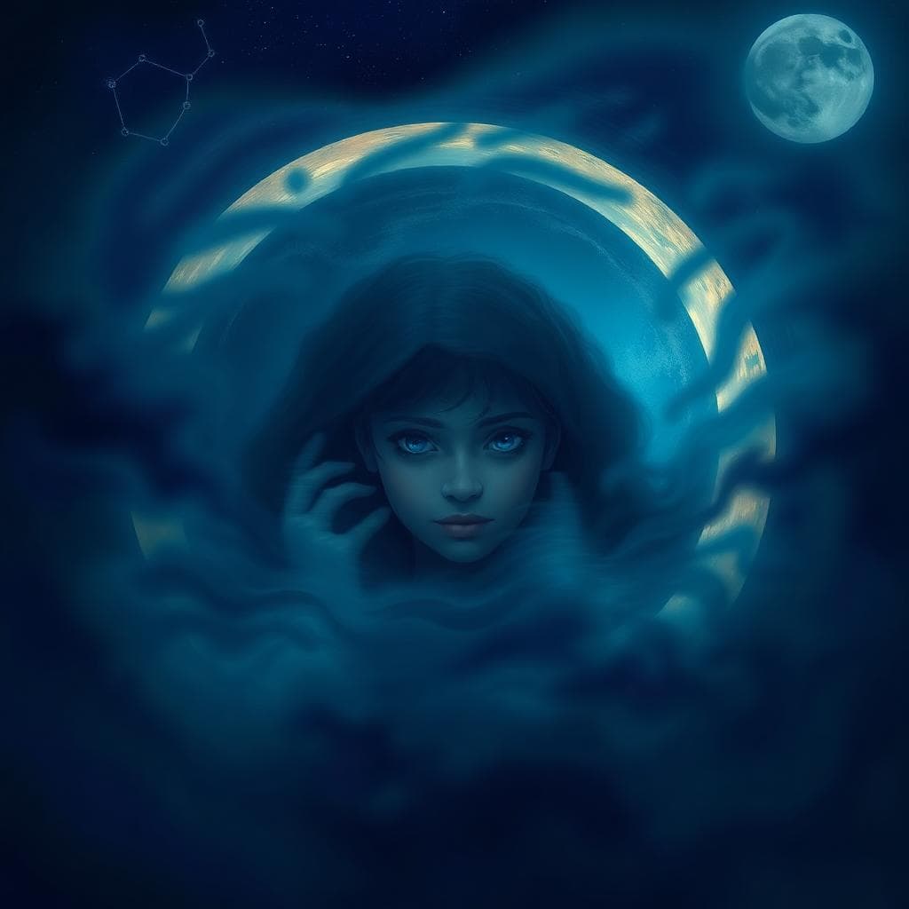 A mystical illustration of a Scorpio moon symbol with blurred boundaries, showing a figure engulfed in swirling dark emotions like deep blues and purples, representing emotional overwhelm and ignored boundaries. Foreground features a contemplative person with intense eyes looking into a foggy mirror. Background has faint Scorpio constellation and a full moon. Style is ethereal and introspective, digital art with soft lighting.