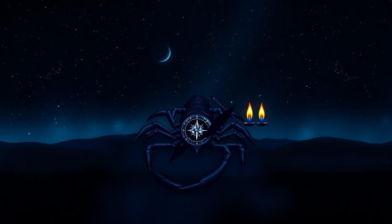 Image generated by AI: A mystical image representing Scorpio zodiac sign's core decision-making traits, featuring the Scorpio symbol in deep blue and black tones, with subtle elements of a compass pointing towards a distant horizon symbolizing long-term goals, intertwined with intuitive flames and balanced scales for emotion and logic, in a starry night sky background, realistic style with dramatic lighting, no text.