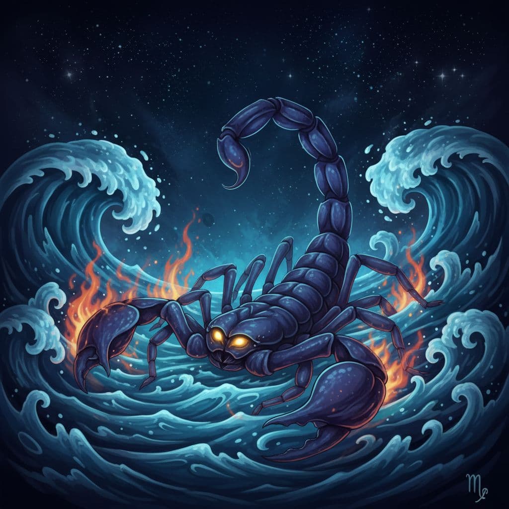 A mystical illustration of the Scorpio zodiac sign, featuring a scorpion emerging from deep ocean waters, symbolizing emotional depth and passion. The scorpion has intense, glowing eyes that convey loyalty and mystery. Surround it with swirling dark blue waves and subtle red flames to represent water and fire elements. Use a dramatic, ethereal art style with high contrast lighting and no text. Foreground: the scorpion in sharp detail. Background: shadowy underwater abyss fading into starry night sky. Mood: intense, seductive, and profound.