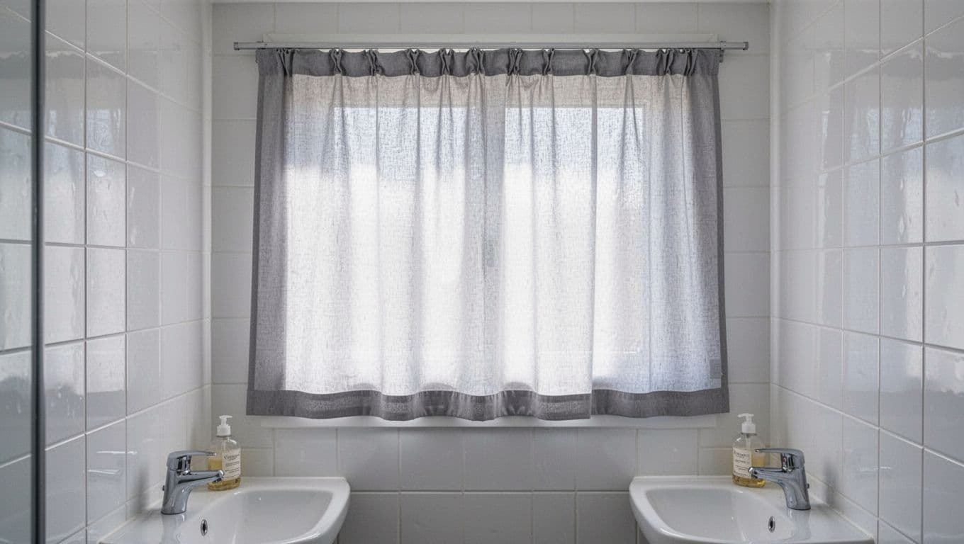 A narrow 30cm by 60cm bathroom ventilation window is seamlessly covered by a custom light gray curtain with precise tailoring and no gaps, installed on a simple track. Soft diffused daylight filters through the fabric, illuminating white tiled walls and a small sink in a clean, fresh atmosphere.