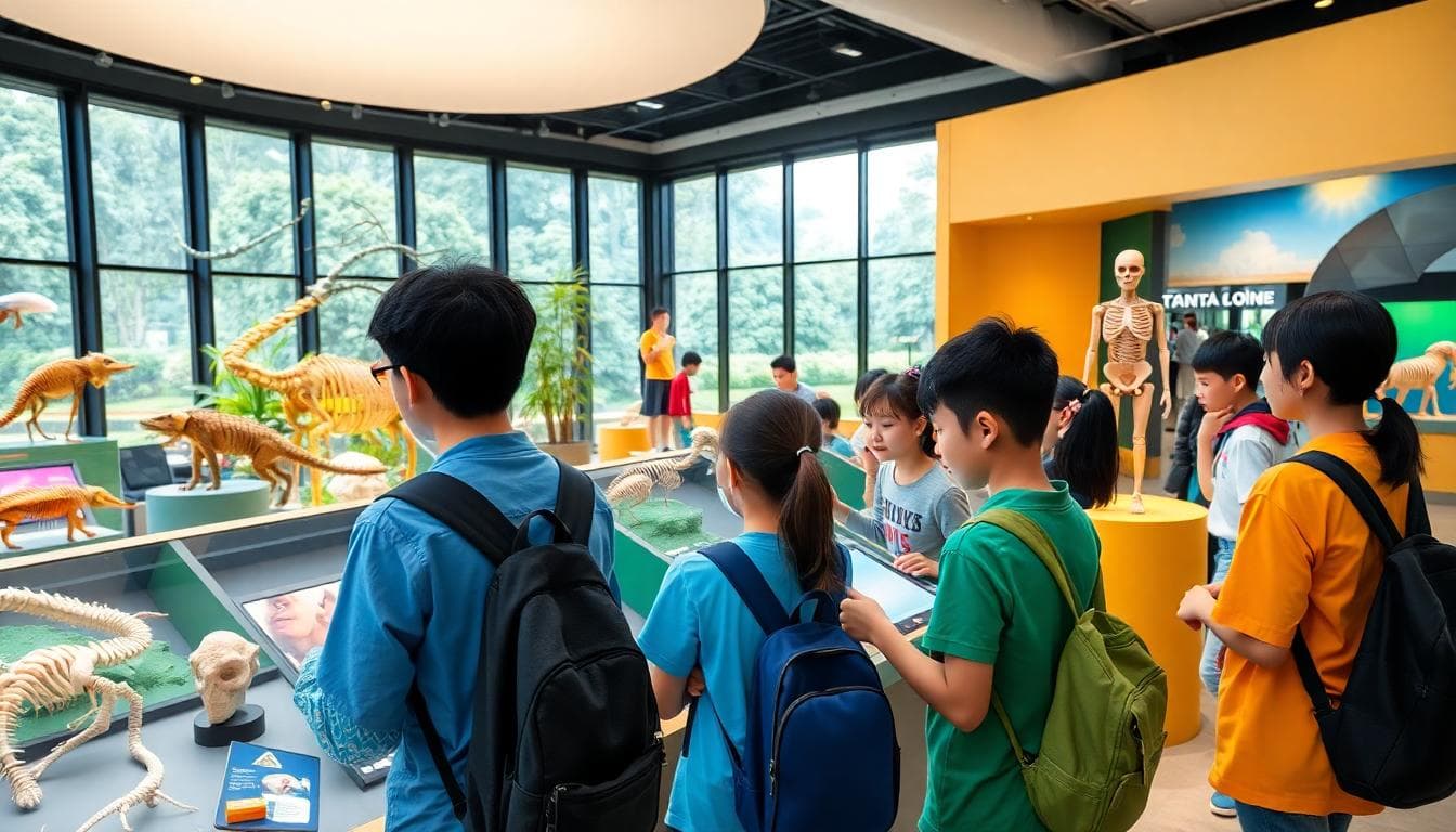 A lively interior view of the National Museum of Natural Science in Taichung, Taiwan, showing students engaging with interactive science exhibits in the life sciences hall. The scene features colorful displays of animals, plants, and human anatomy models, with bright lighting and modern architecture. In the foreground, young people touch screens and observe specimens; background includes large windows overlooking gardens. Style is realistic and vibrant, capturing curiosity and education. No text or watermarks.