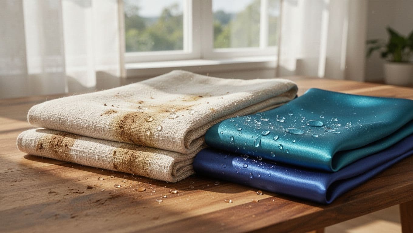 A soft natural fiber curtain fabric like cotton or linen, sun-dried with slight fading and delicate texture, contrasts with a vibrant, durable synthetic polyester fabric on a wooden table. Soft natural light from a living room window highlights high-resolution textures with depth of field focus on the fabrics.