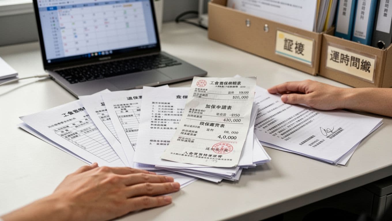 Office desk with neatly stacked union labor insurance documents including enrollment applications, payment receipts, insured salary tables, withdrawal notices, and membership proofs, clearly showing dates, amounts, and signatures without readable fine text. A hand rests naturally nearby, background features a slightly open laptop with blurred calendar and labeled folders like 'evidence' and 'timeline' in a realistic, professional photography style.