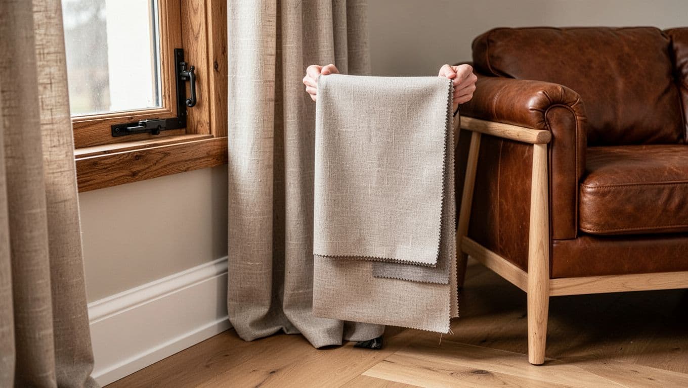 Close-up of a neutral curtain fabric sample aligning perfectly with medium oak wooden window frame, black metal hardware, white baseboard, and brown leather sofa with light wood accents. Photorealistic style under soft indoor light, showcasing detailed textures and warm inviting mood.