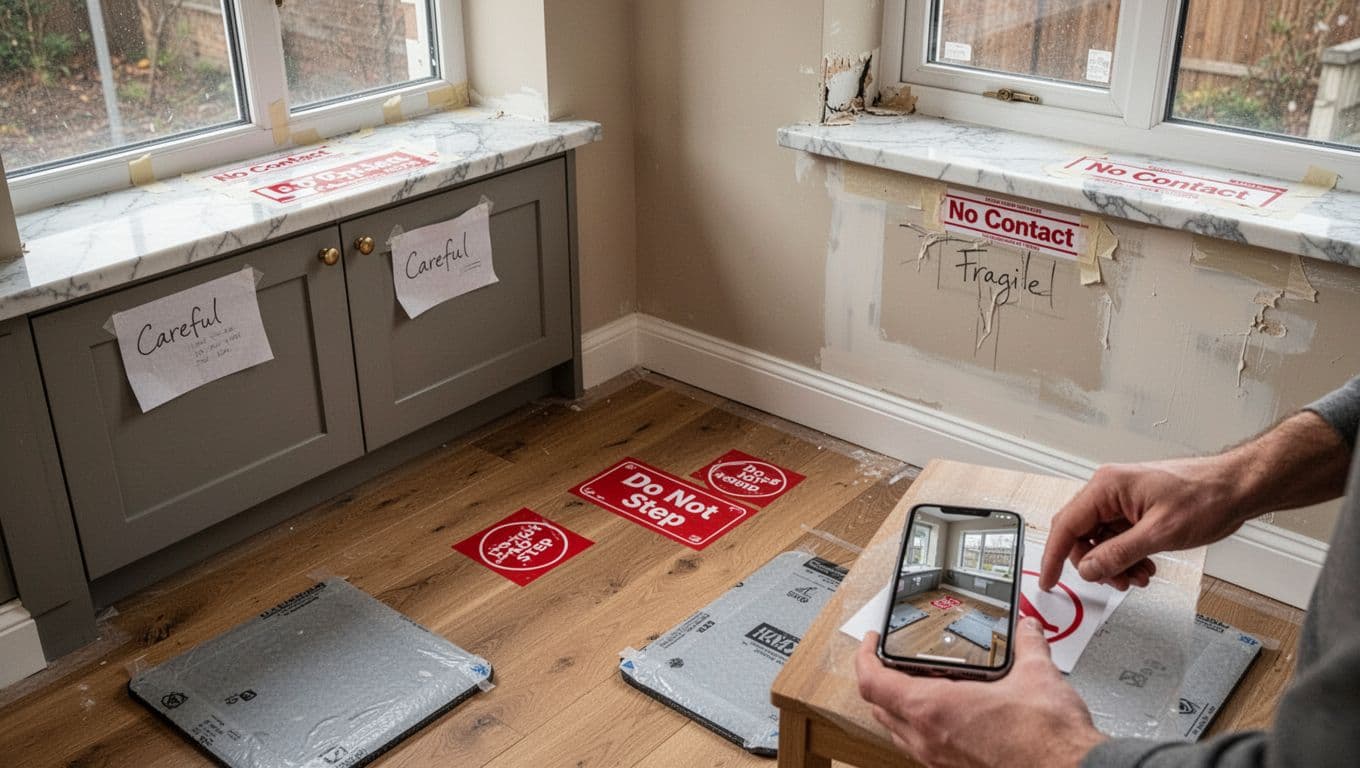 Interior of a new home with highlighted high-risk areas for construction protection, featuring warning stickers on wooden floor, marble window sill, painted cabinet, and light wall, with a hand placing a sticker and smartphone showing the area.