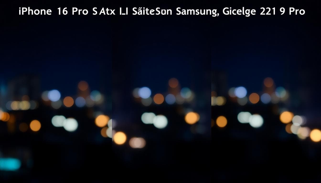 夜間攝影 bokeh 效果側邊比較，來自 iPhone 16 Pro Max、三星 Galaxy S24 Ultra 和 Google Pixel 9 Pro，顯示城市燈光帶光斑和光暈，低光環境，寫實風格，深藍色調配暖色高光，聚焦光暈減少和 bokeh 形狀差異，專業攝影氛圍，無文字