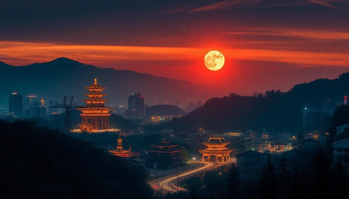 夜景城市街道，顯示不同光源如LED路燈和傳統燈泡的圓潤光斑形狀，iPhone 16 Pro Max 手機在前景捕捉照片，螢幕顯示柔和散景效果，背景有建築和燈光，寫實攝影風格，氛圍寧靜專業，深藍色調與暖黃光對比，詳細描述光斑邊緣和噪點控制