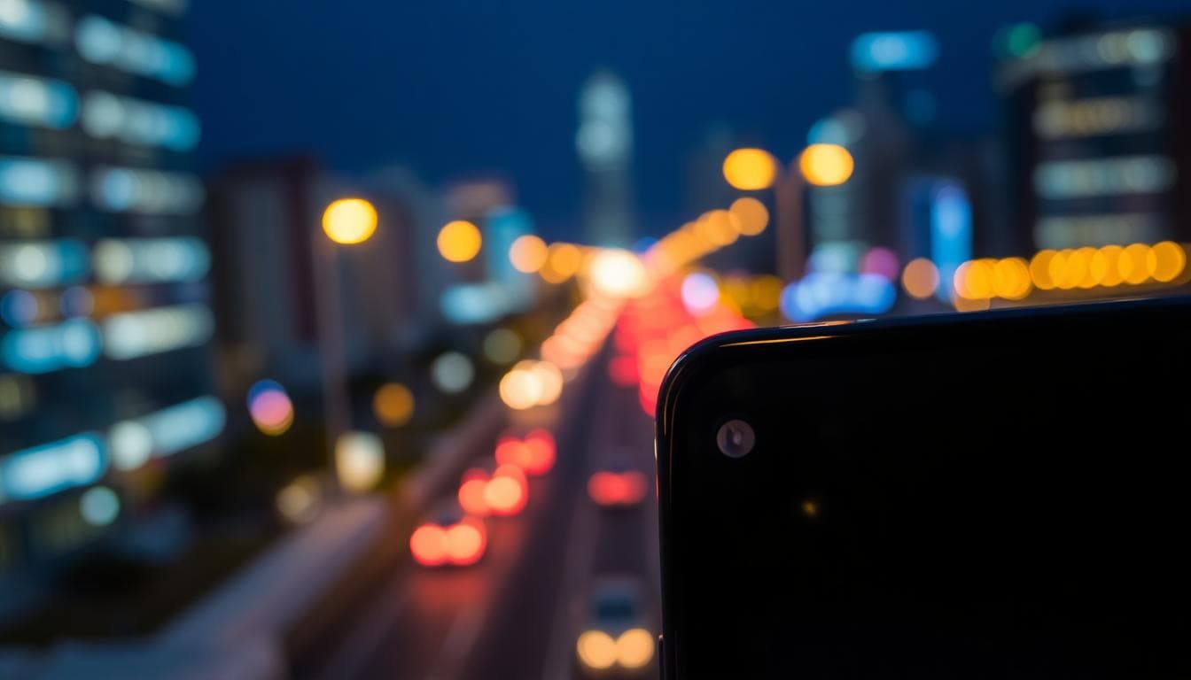 詳細的夜間城市景觀，背景有模糊的散景燈光，顯示寬光圈模擬的圓形光斑和小光圈的多邊形光斑，前景聚焦智慧型手機相機鏡頭捕捉場景，風格為寫實攝影，氛圍陰鬱，深藍色調與暖光高光