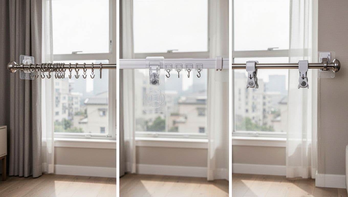 A modern window display three no-drill curtain installation options side by side: tension rod, adhesive track, and clamp bracket.