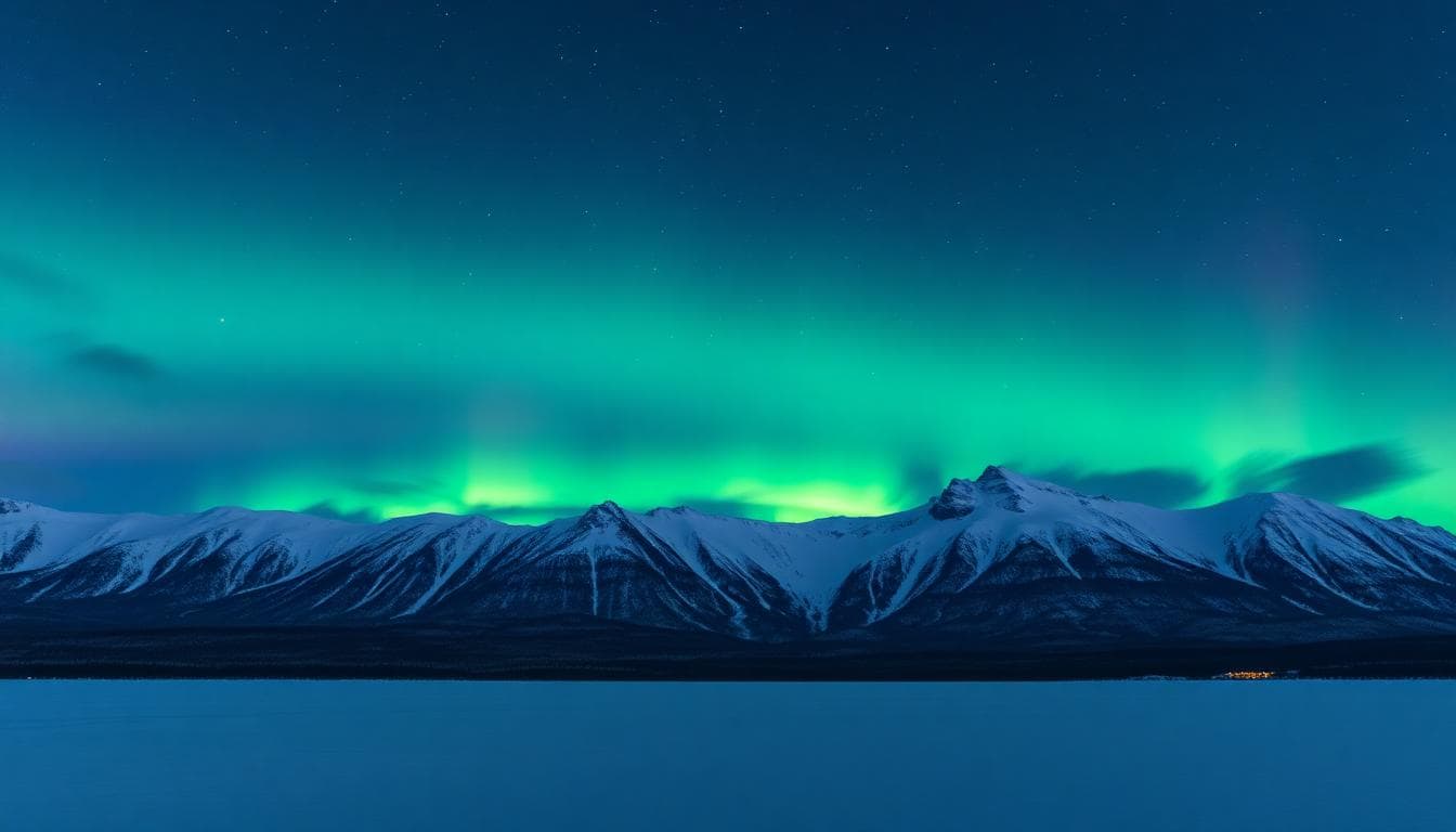 阿比斯科極光與雪景,山脈與湖面相互倒映