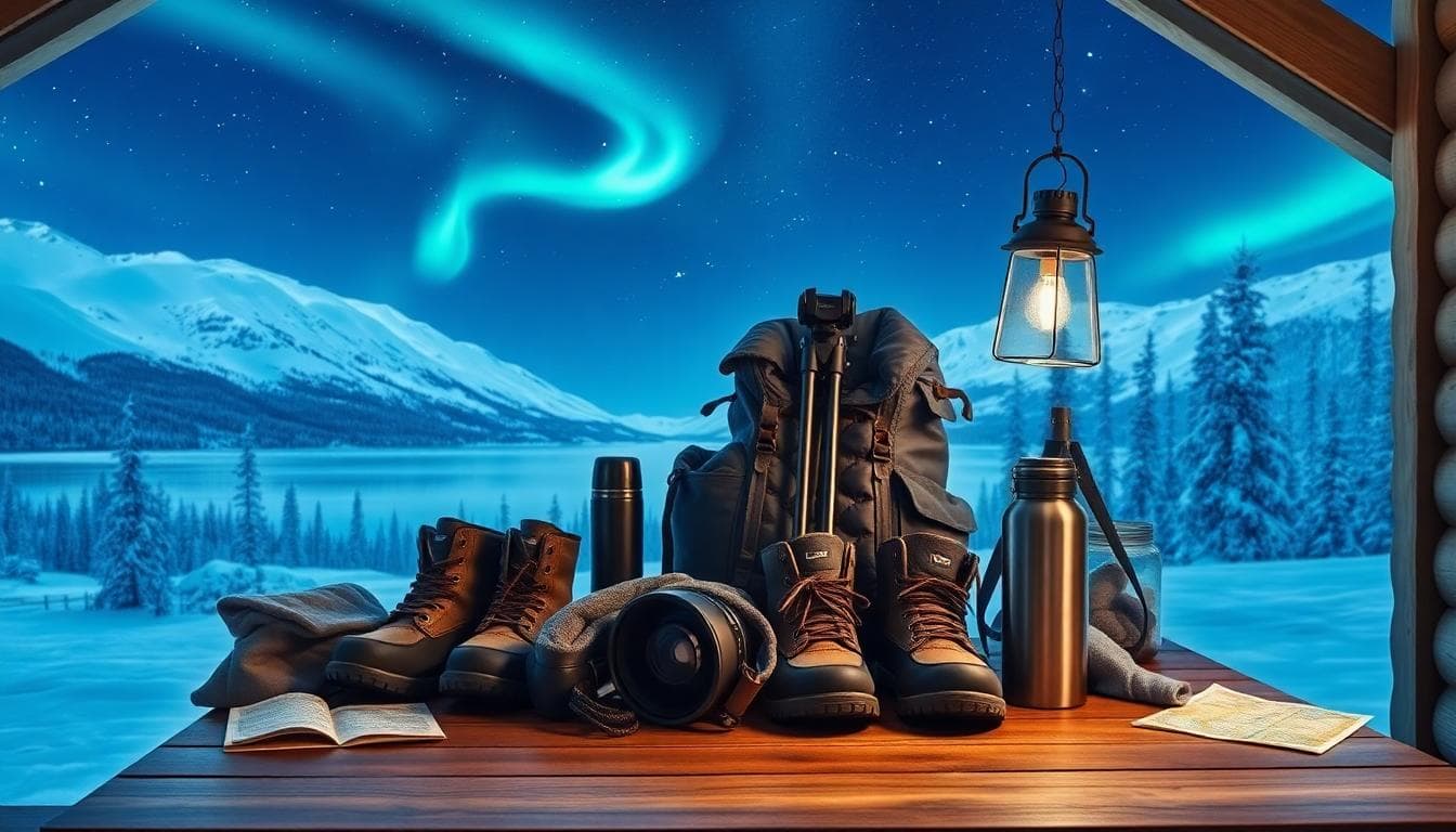  traveler preparing for a Northern Lights trip in Northern Europe, warm winter clothing, gear on a table in a cozy cabin under a starry sky with faint aurora hints
