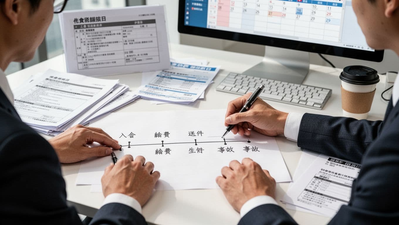 An office worker sits at a desk, holding a pen to draw a simple horizontal timeline on white paper, marking key dates like membership, payment, union submission, insurance effective, and accident days with Chinese labels. Foreground focuses on hands and timeline, background features labor insurance documents, computer calendar, payment slip, papers, and coffee cup in realistic style with bright natural light.