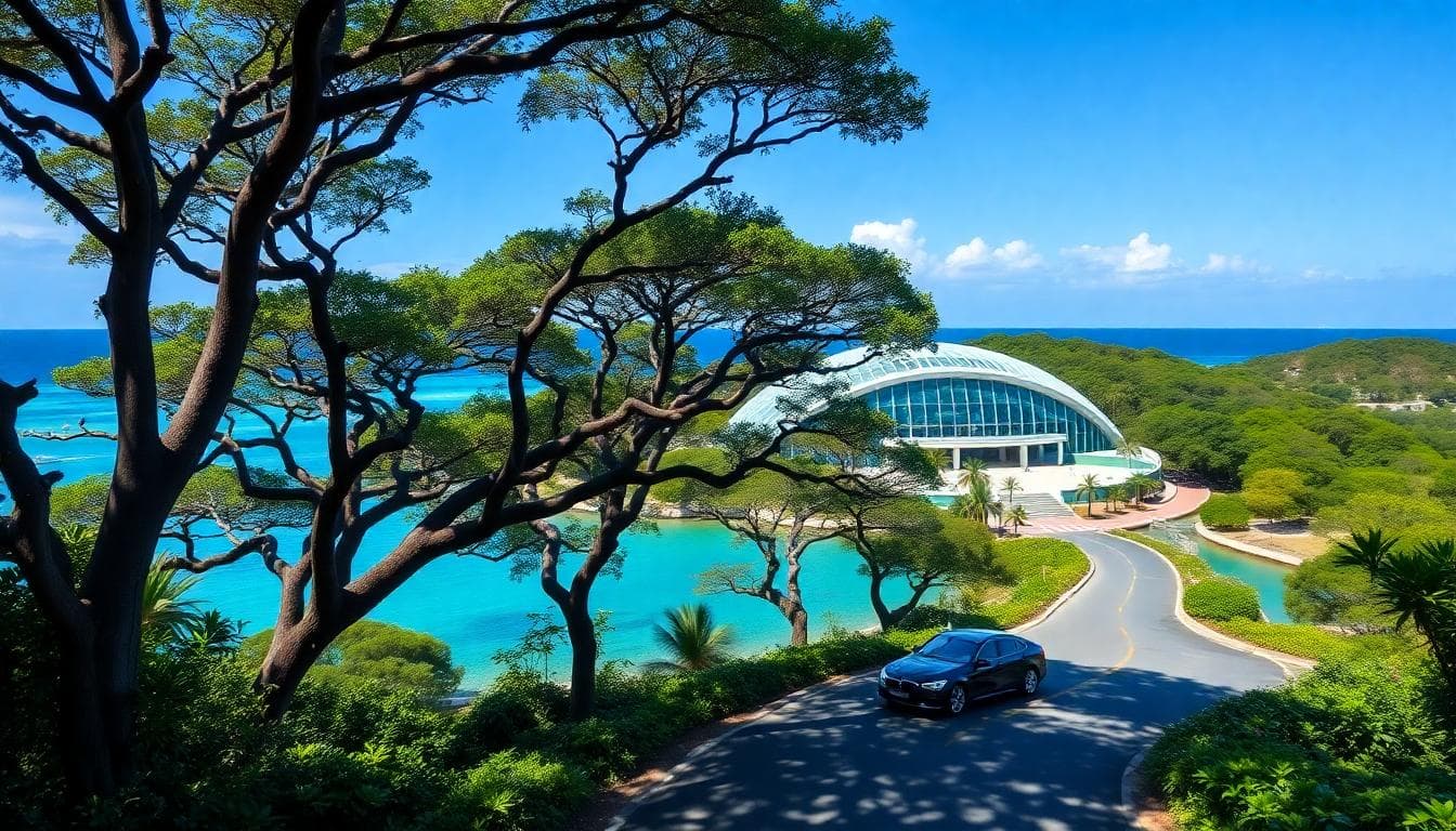 Okinawa Churaumi Aquarium surrounded by turquoise ocean and forest road