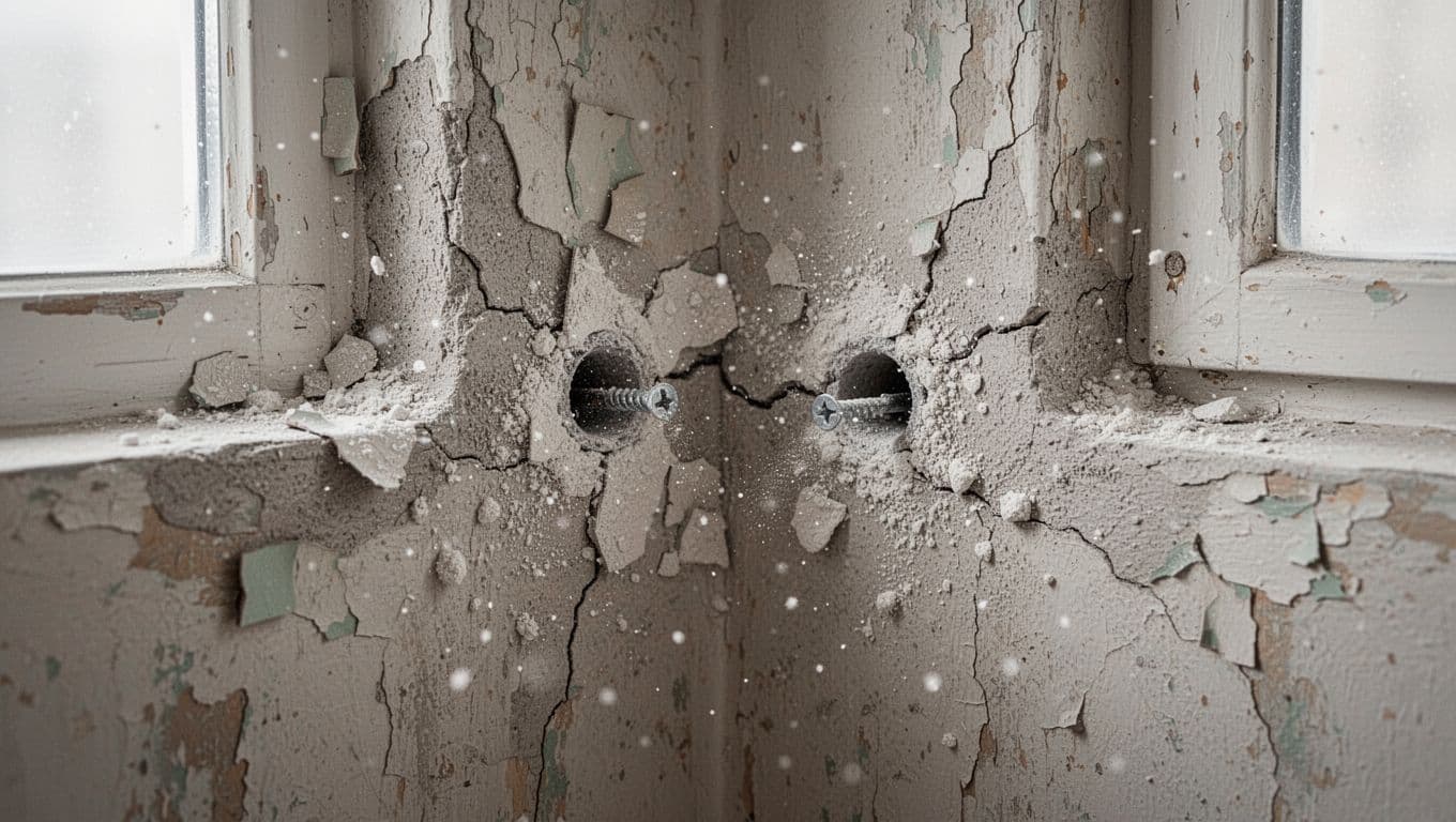 Realistic close-up of an old apartment wall showing peeling paint flaking around fresh drill holes, small cracks extending from holes near a wall corner, with light dust particles and textured plaster underneath.