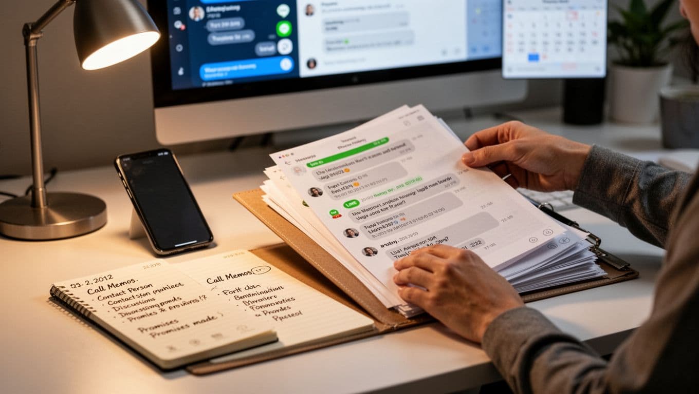 Realistic photo of a modern office desk lit by a warm lamp, showing printed chat exports, call logs, and handwritten memos being sorted into a folder by one person's hands.