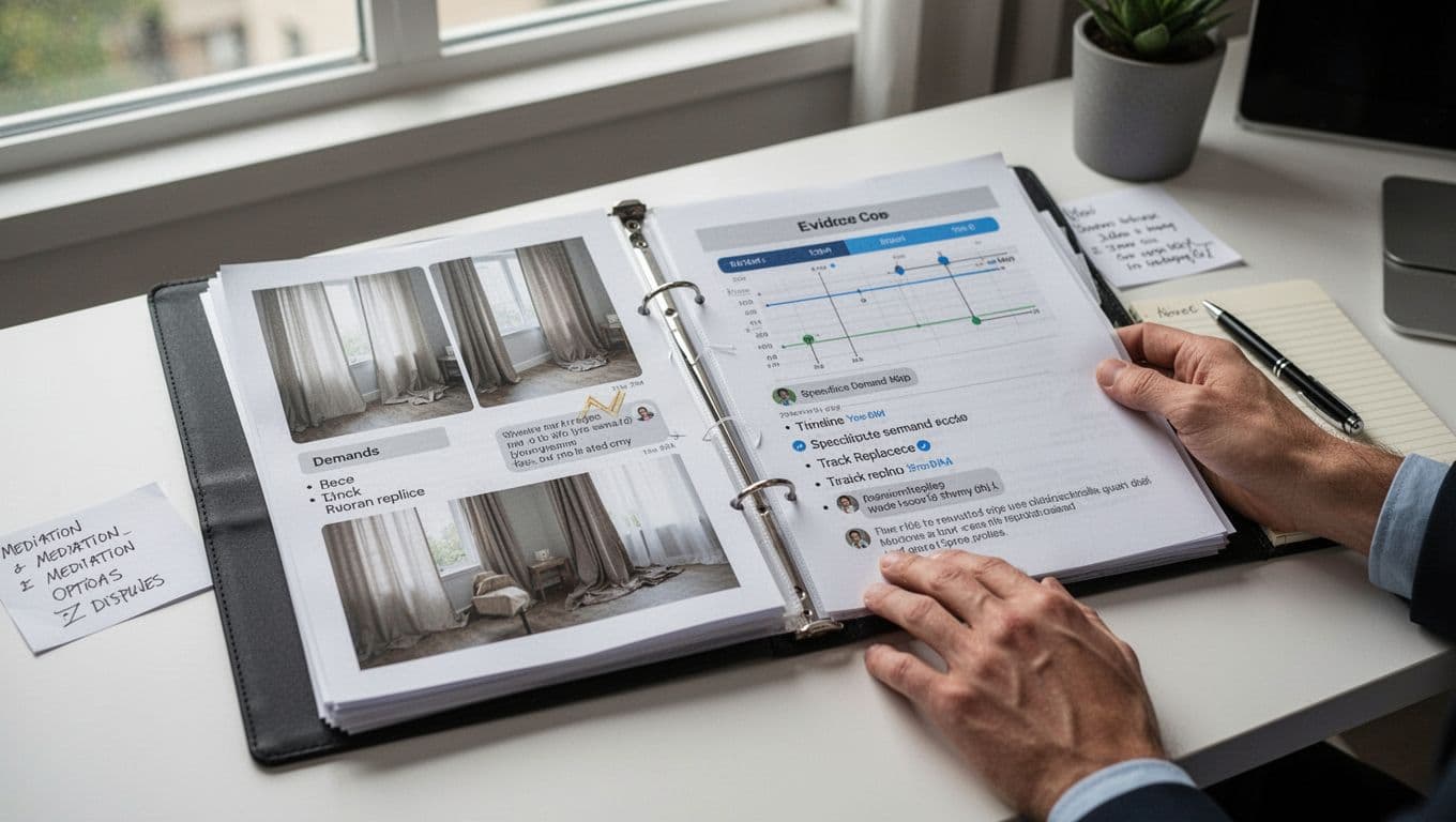 Photorealistic scene of a clean home office desk under natural window light featuring an open evidence folder with printed photos of curtain issues, timeline chart, demand list for re-sewing and track replacement, chat message screenshots, and mediation notes. A single hand rests near the folder beside a notepad and pen, conveying a calm professional mood for dispute preparation.