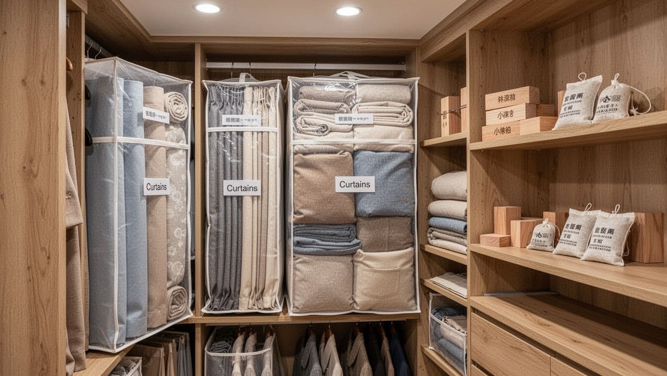 Organized walk-in closet in a Taiwanese home during seasonal change, with custom curtains folded in breathable fabric bags on wooden shelves, protected by cedar blocks in a dry, ventilated space.