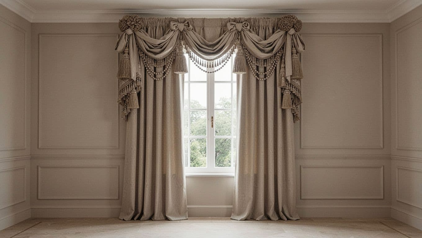 訂製窗簾想簡約?避開俗氣褶子的實用訣竅 Realistic photo of one curtain panel with excessively tall fabric headers topped by heavy tassels, ribbons, and bead chains in a formal living room, high detail on decorations contrasting plain body, soft daylight.