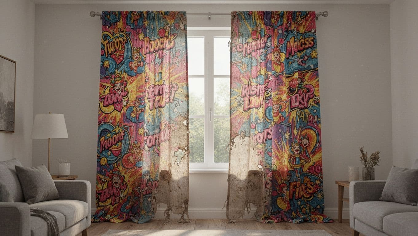 訂製窗簾高級感滿分:預算分配黃金比例 Photorealistic image of outdated trendy custom curtains on a living room window with bright flashy dated patterns, faded limp fabric, poor drape clashing with modern decor. Soft afternoon light exposes the tacky design, wear, gaudy motifs, and sagging fabric on exactly one window with clean background.