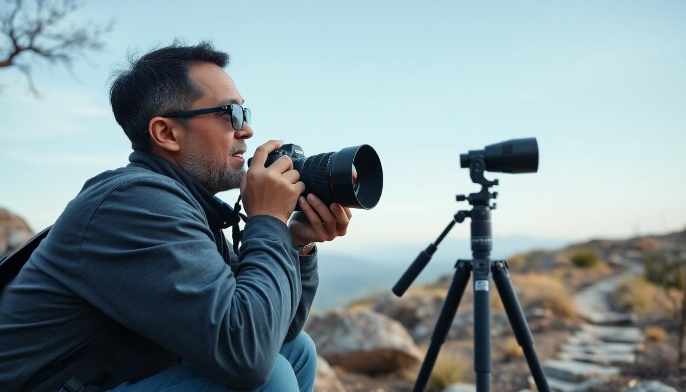  Outdoor photographer with polarizing filter at low angle 