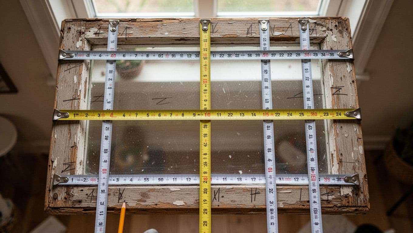 Photorealistic overhead view of a slightly slanted aged wooden window frame in a home, measured at multiple horizontal and vertical points with tape measures showing subtle length differences due to unevenness.