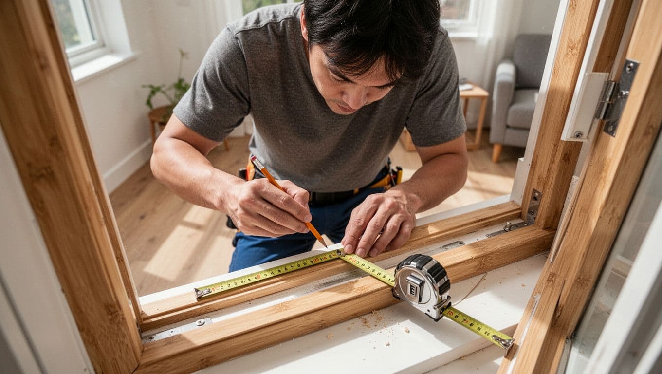 An anonymous worker measures a wooden window frame from an overhead perspective using a metal tape measure and pencil in a bright home environment. Foreground shows the window frame and tools with a simple indoor background in realistic style, natural light, and bright mood.