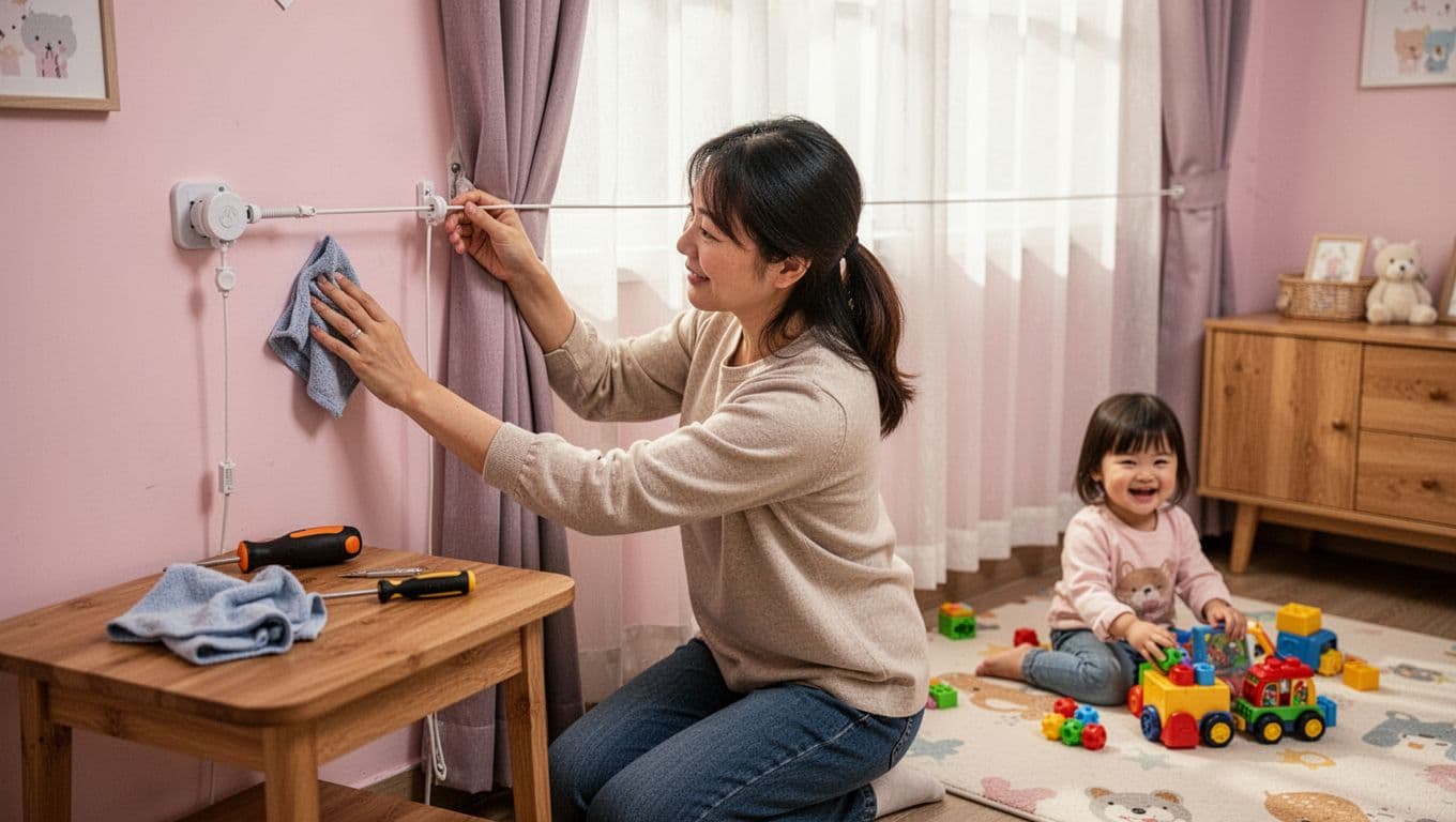 兒童安全窗簾配件會加價嗎?家長必懂真相 In a cozy Taiwanese living room with soft afternoon light, a parent kneels to clean and check a wall-mounted cord tensioner using a cloth and screwdriver, while a happy child plays safely with toys in the background amid wooden furniture and pastel walls.