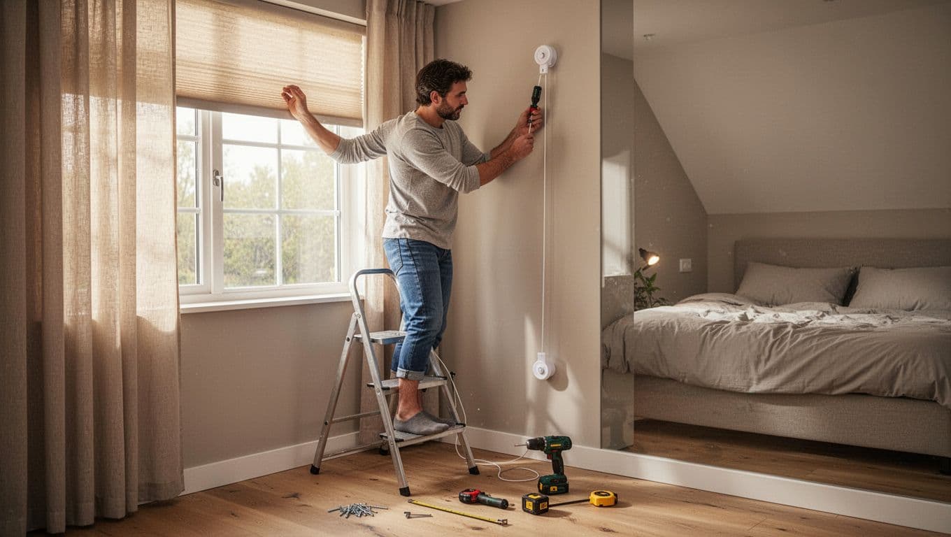兒童安全窗簾配件會加價嗎?家長必懂真相 An adult parent on a step ladder uses a screwdriver to install a wall-mounted cord tensioner on a roller blind pull cord in a modern bedroom, with tools on the floor and warm natural light.