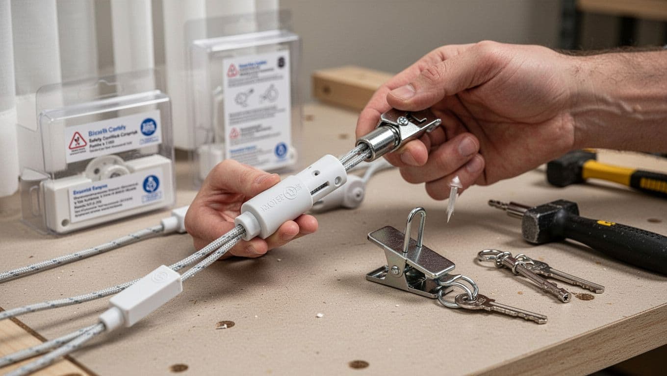 兒童安全窗簾配件會加價嗎?家長必懂真相 Close-up realistic view of a parent's hand testing child safety curtain accessories on a table: pulling a breakaway cord device to show safe disconnection and clipping a wall tensioner firmly, with high-quality materials and safety labels visible on a neutral workbench background.