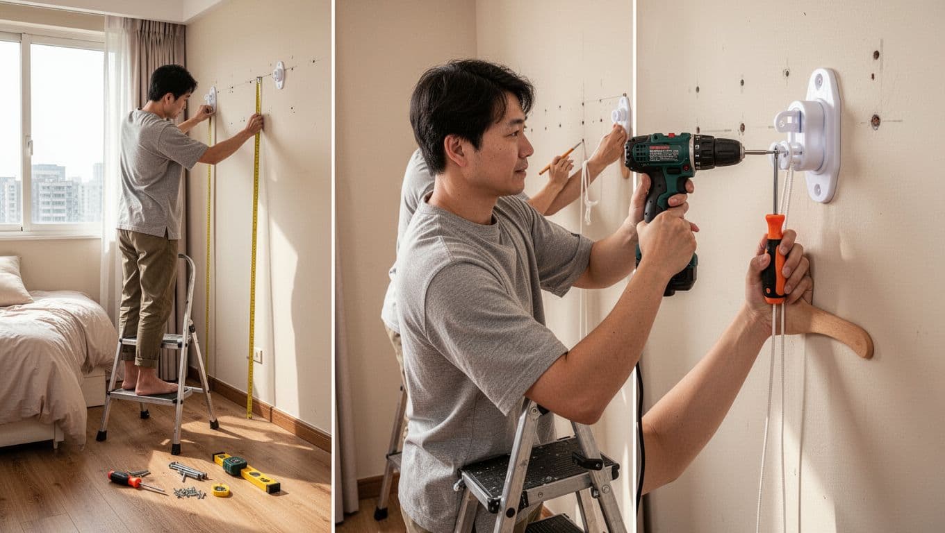 兒童安全窗簾配件會加價嗎?家長必懂真相 A realistic photorealistic scene in a bright Taiwanese family bedroom where a single parent on a step stool installs child safety curtain cord tensioner step-by-step: measuring, marking, drilling, and screwing, with tools on the wooden floor.