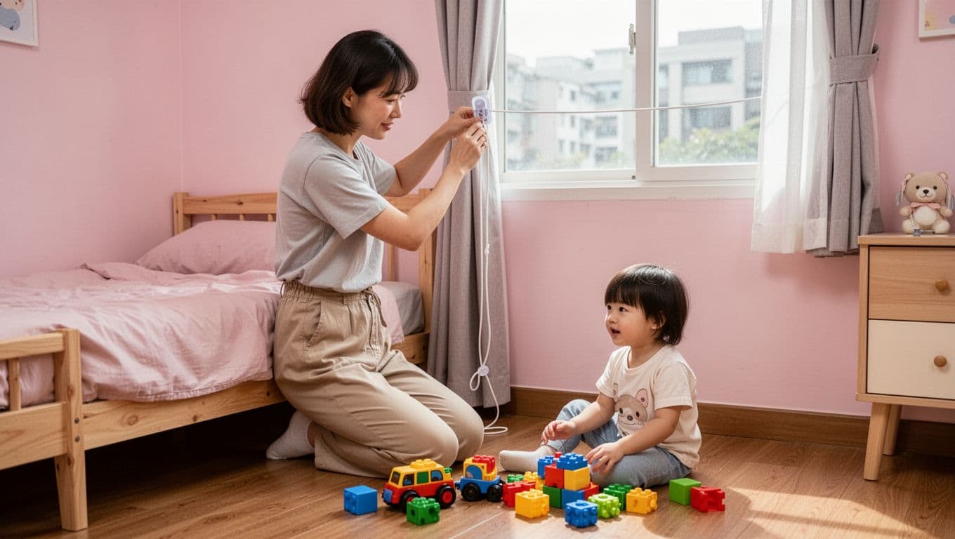 兒童安全窗簾配件會加價嗎?家長必懂真相 In a cozy Taiwanese apartment bedroom with soft natural light, a single adult parent installs a no-drill adhesive clip tensioner for child safety on the curtain pull cord, while a young child plays safely with toys on the wooden floor nearby.