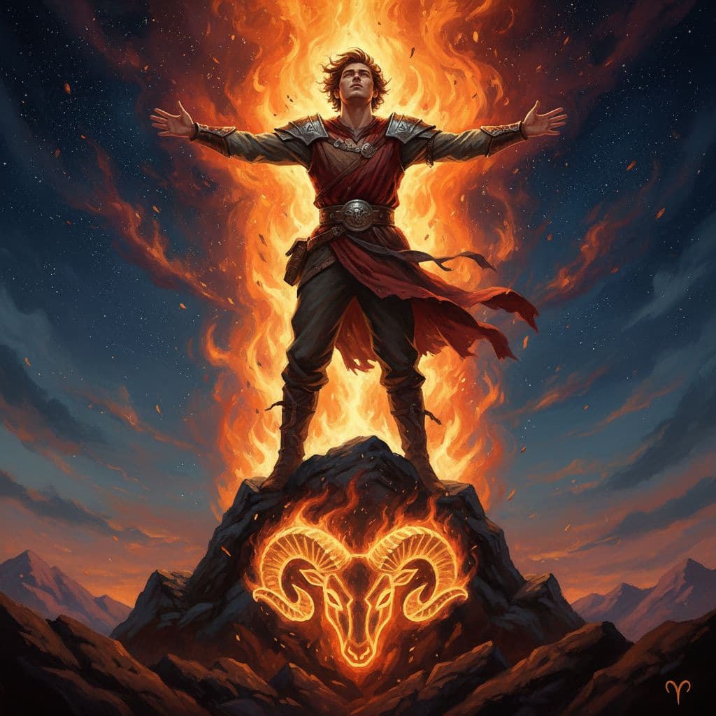 一位年輕男性站在山頂,雙臂張開,背景是熊熊烈火和星空,象徵白羊座的衝動與領導力,前景有白羊座的星座符號。Image generated by AI