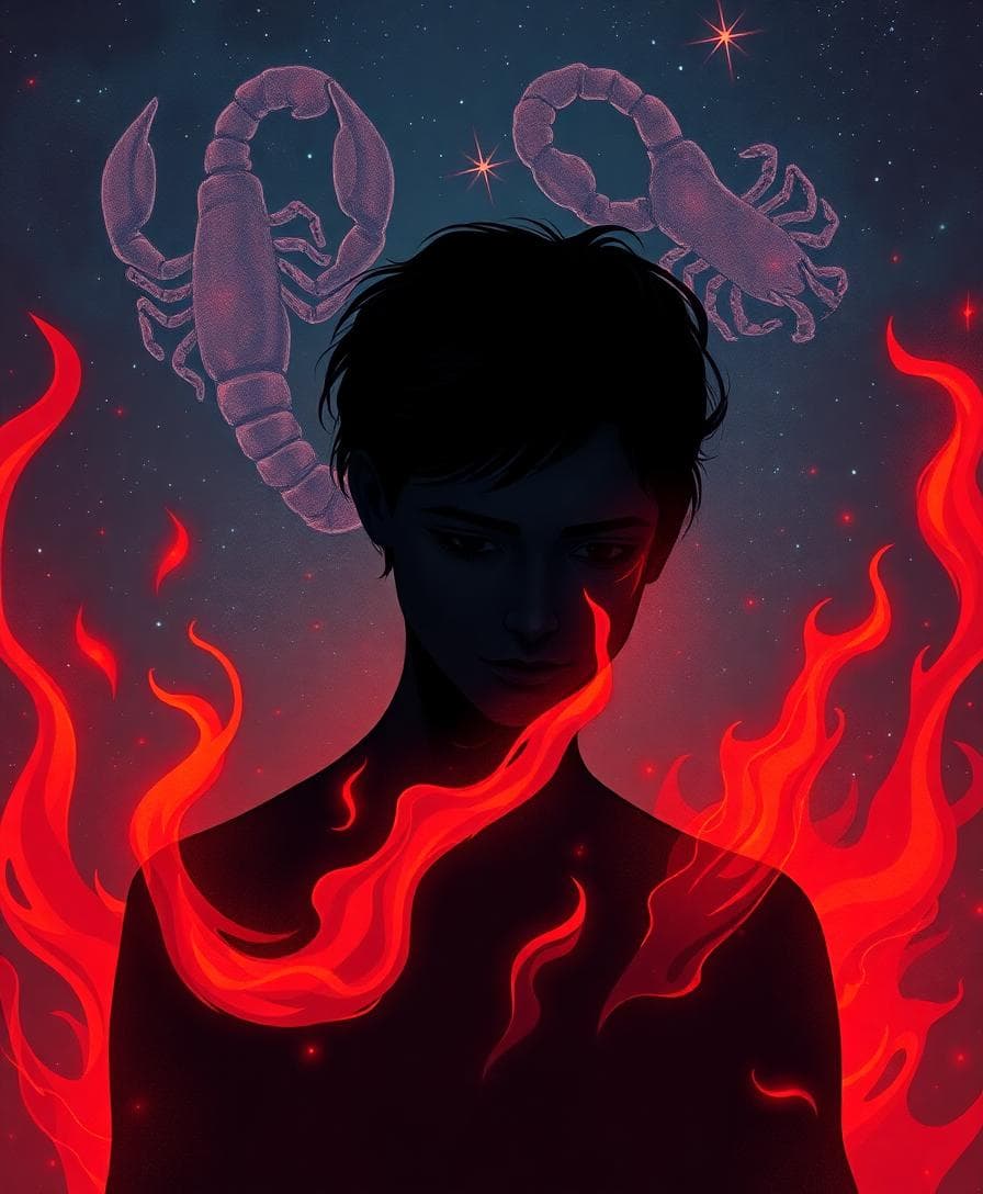 A silhouette of a person with intense eyes, surrounded by swirling flames against a starry night sky with scorpion motifs