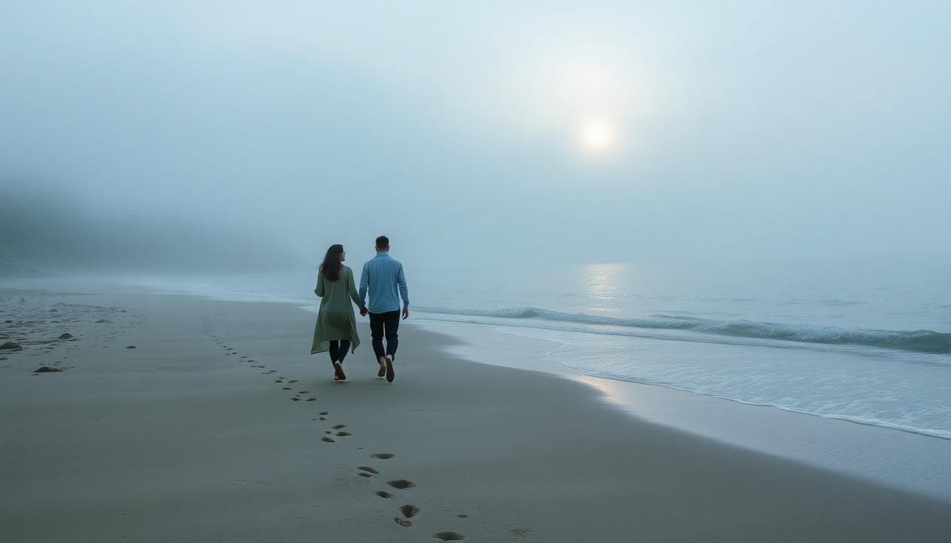 清晨海濱浪漫慢步