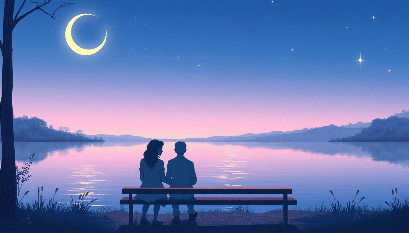 寧靜夜晚湖畔的兩人身影，月光下溫柔對話