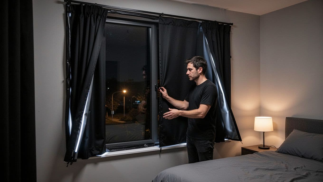 Installed blackout curtains on a modern bedroom window at night with proper track sealing, no light gaps, and one person checking seams. Room dark inside, streetlight fully blocked, high detail on tight fit.