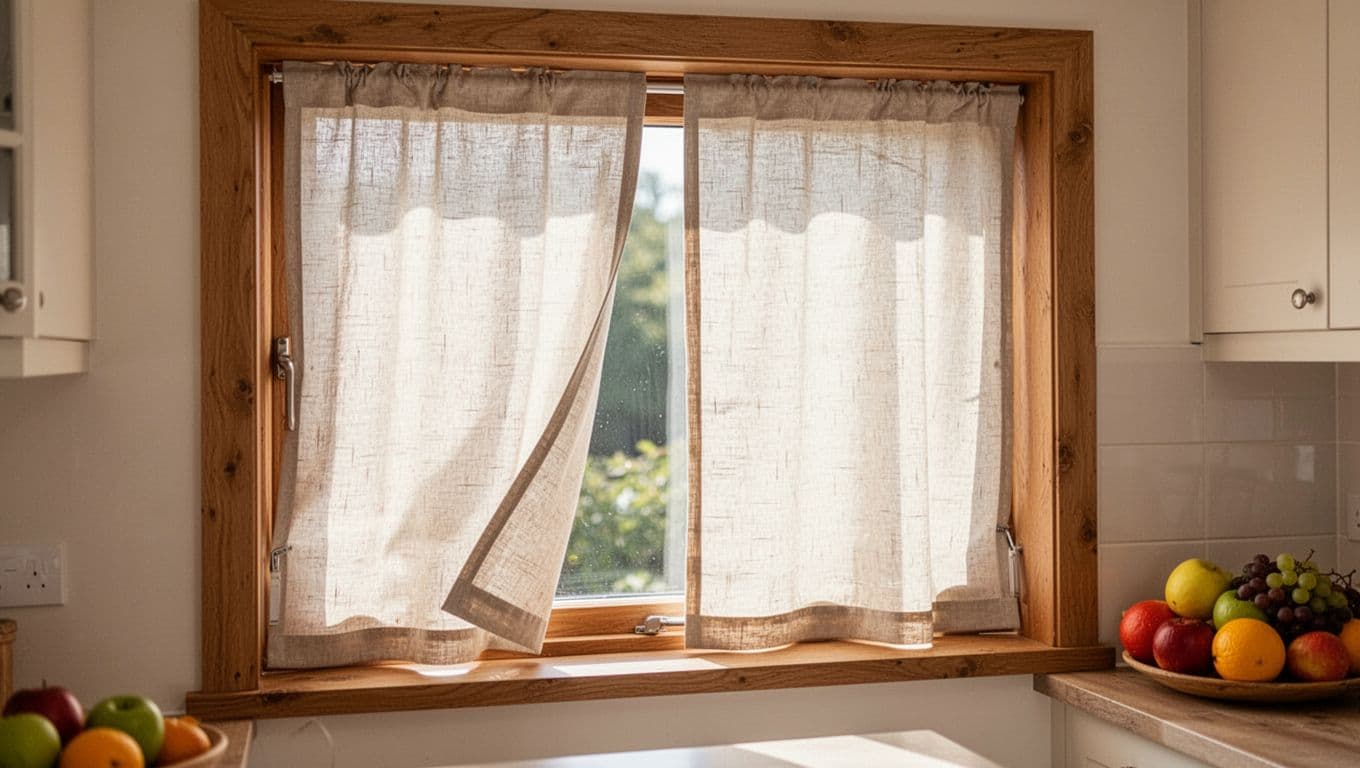 A bright kitchen showcases a small irregular window perfectly fitted with a light beige linen curtain, half-drawn to highlight precise tailoring without gaps. Warm natural daylight illuminates the wooden frame and simple countertops with fruits in a cozy home atmosphere.