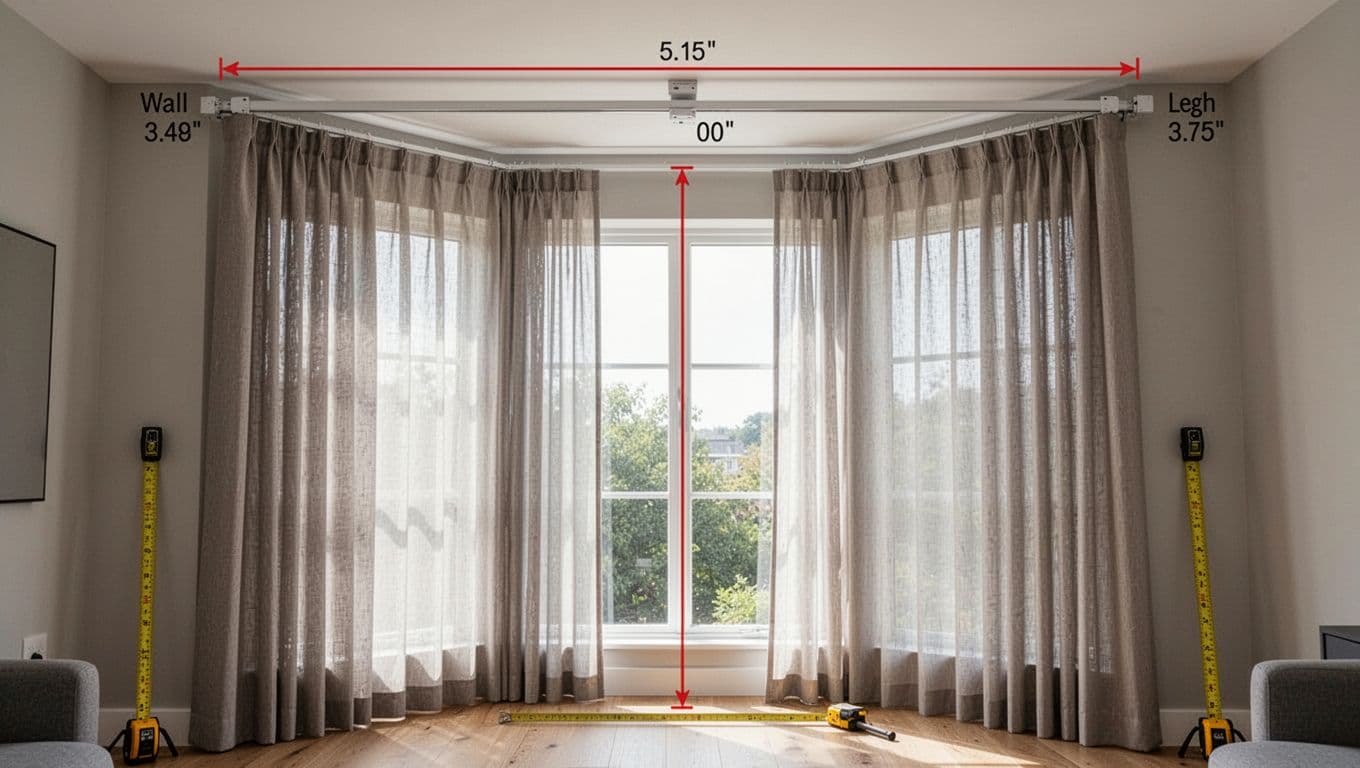 Realistic indoor scene of a curtain track perfectly level on a bay window ceiling with proper wall clearance and matching curtains folding smoothly without friction. Measuring tools nearby confirm horizontal alignment and depth, in a modern home with natural daylight, curtains half-drawn.
