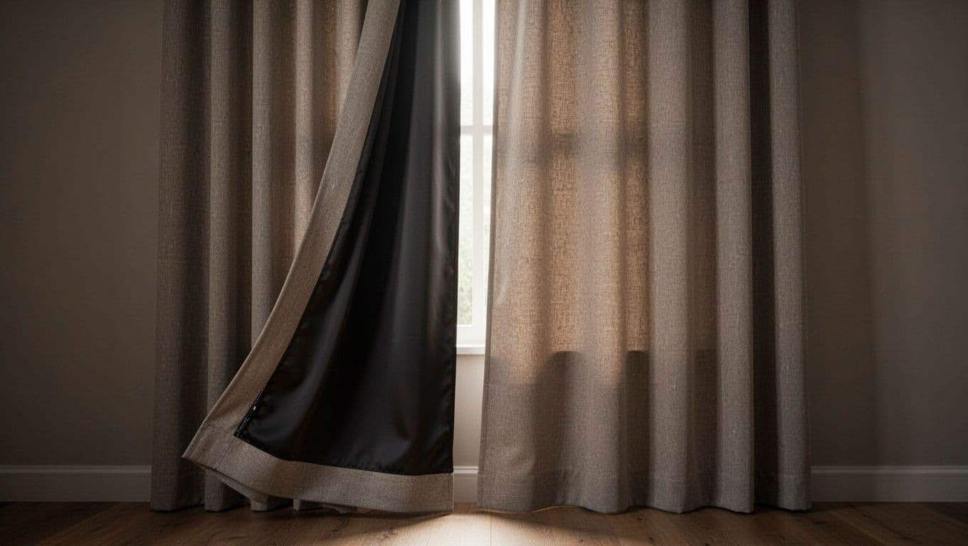 Multi-layer custom curtain with blackout lining featuring proper finishing: layers align perfectly flat with no bulging or exposure, edges sealed precisely despite shrinkage differences. Full hanging view in dim room contrasts with improper wavy bulging edge, showing light block, smooth drape, and natural textures.