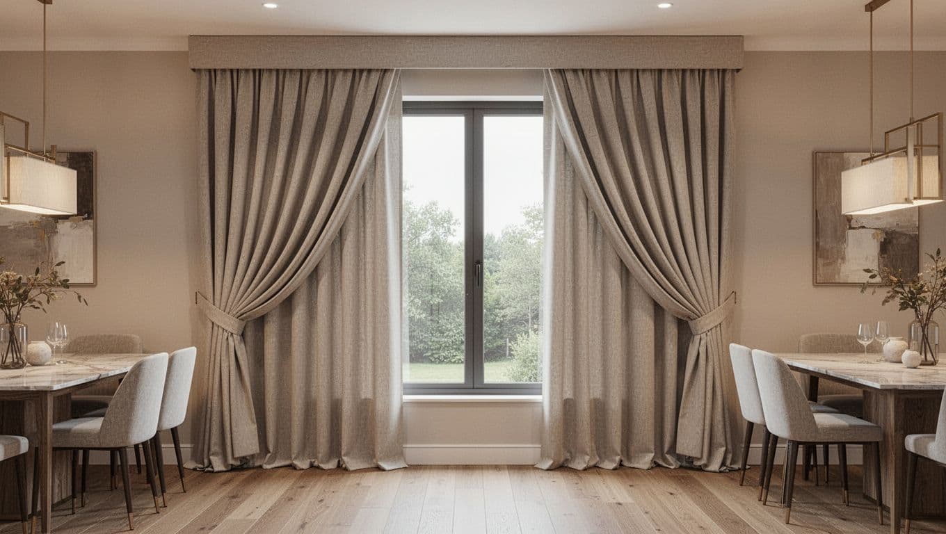 Photorealistic image of a well-proportioned custom curtain installation in a contemporary dining room: curtains fully covering the track box, bottom hem hovering 1-2 cm above wooden floor, generous pleats creating elegant fullness, perfectly framing one large window without gaps.