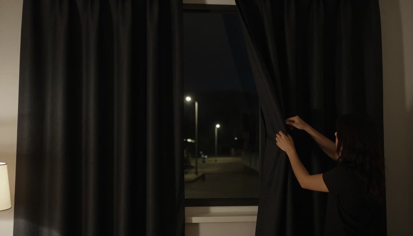 Evening bedroom with blackout curtains fully drawn, blocking all external streetlight glow with no leaks. One person pulls curtain slightly to check seams while room remains dark, contrasted by nearby lit lamp.