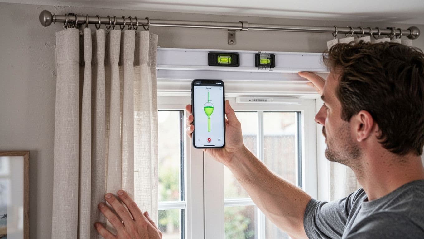 訂製窗簾裝歪怎麼辦?驗收自檢與修法全指南 Photorealistic image of one person in a modern home interior using a smartphone level app to check the levelness of a white window frame. The phone is held flat against the top edge, displaying a centered bubble level indicator, in a bright living room with natural light.
